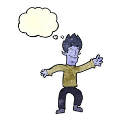 cartoon happy vampire man with thought bubble
