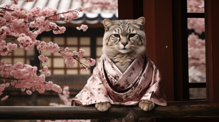 Fototapeta na wymiar Picture a sophisticated leopard in a silk kimono, adorned with cherry blossom motifs and a golden obi belt. Against a backdrop of Japanese gardens, it exudes Oriental elegance and cultural richness