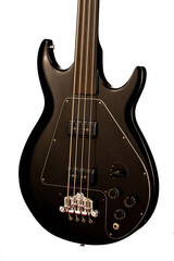 A closeup of a black electric bass guitar with chrome hardware, showcasing the body, strings, bridge, and control knobs.
