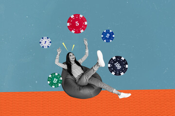 Composite trend artwork sketch image 3D photo collage of black white young lady play gambling sit...