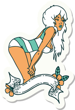 sticker of tattoo in traditional style of a pinup girl in swimming costume with banner