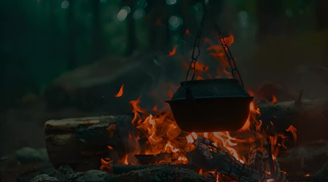 camping concept. boil water using a kettle at the campfire