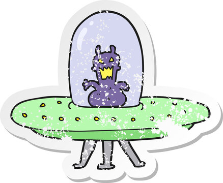 retro distressed sticker of a cartoon alien in flying saucer