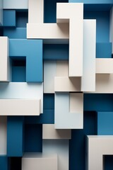 An abstract design featuring a mix of blue and white squares and rectangles arranged in a repetitive pattern, creating a visually dynamic composition