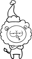 hand drawn line drawing of a tired lion wearing santa hat