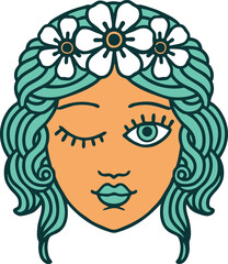 iconic tattoo style image of a maidens face winking