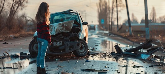 A woman stands near a broken car after an accident. call for help, generative ai - obrazy, fototapety, plakaty