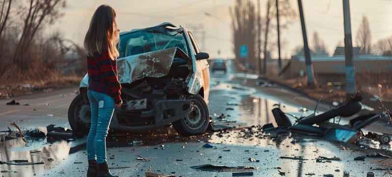 A woman stands near a broken car after an accident. call for help, generative ai