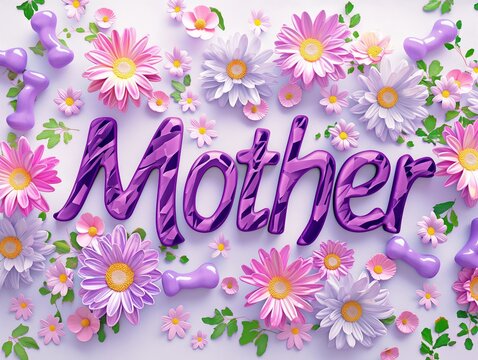 3D text Mother with colorful spring flowers and daisies,sheet with purple and pink candy corn white background, muted pastel ,It has purple gummy bears, clipart style