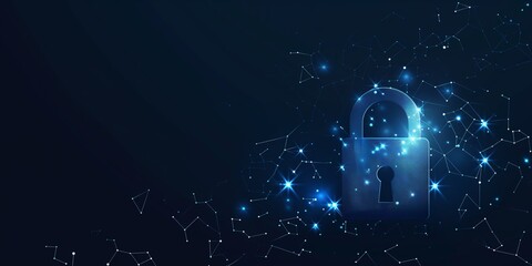 Abstract closed lock without key on dark blue background. Protect or security symbol composed of polygons. Low poly vector illustration of a starry sky or Comos, consists of lines, dots and shapes. - obrazy, fototapety, plakaty