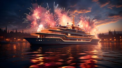 Cruise ship with fireworks in the night sky. Panorama.