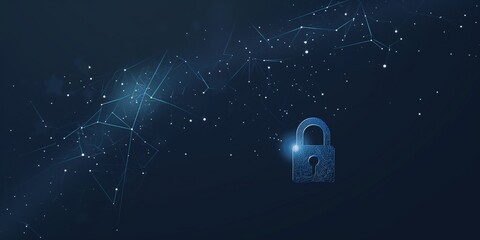 Abstract closed lock without key on dark blue background. Protect or security symbol composed of polygons. Low poly vector illustration of a starry sky or Comos, consists of lines, dots and shapes. - obrazy, fototapety, plakaty