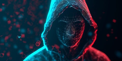 Abstract digital hacker. Cyber security concept. A man wearing a hoodie with a hidden face in front of a computer. Cyber attack and data hack. Fraud man. 3D Vector polygonal wireframe illustration. - obrazy, fototapety, plakaty