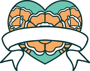 iconic tattoo style image of a heart and banner with flowers