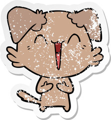 distressed sticker of a happy little cartoon dog laughing