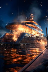 Luxury yacht in the water at night. 3d rendering