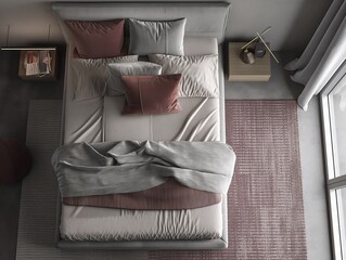 bedroom with a modern grey bed and pillows, in the style of light Gold Earth and Novelle Peach, light maroon, Danish design, use of fabric, functional, soft minimalism,