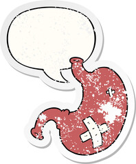 cartoon stomach with speech bubble distressed distressed old sticker