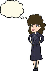 cartoon woman in trench coat with thought bubble