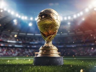 a football cup stands on the field at a large football stadium