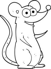 freehand drawn black and white cartoon happy mouse
