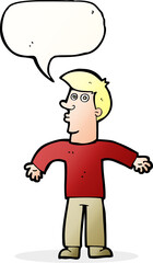 cartoon man shrugging shoulders with speech bubble