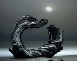 Jet black driftwood, smooth curves, under moonlight, serene beach, mysterious allure