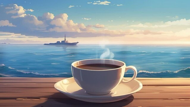 The view of a cup of coffee on the coast is enchanting with the perfect combination of the aroma of fresh coffee and the refreshing sea breeze. seamless looping time lapse animation video background 