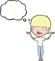 cartoon woman holding arms in air with thought bubble
