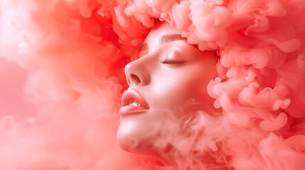 A woman with pink hair and makeup is surrounded by smoke. The smoke is pink and it looks like it's coming from her hair. the smoke adds a dramatic. a young woman with her head in pink cloud