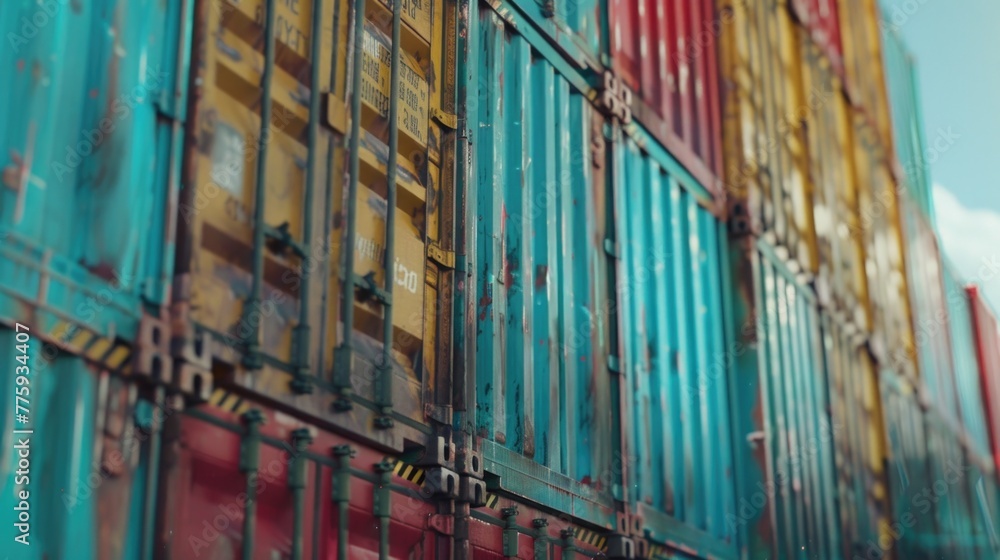 Poster a close up view of multiple shipping containers. ideal for logistics and transportation concepts