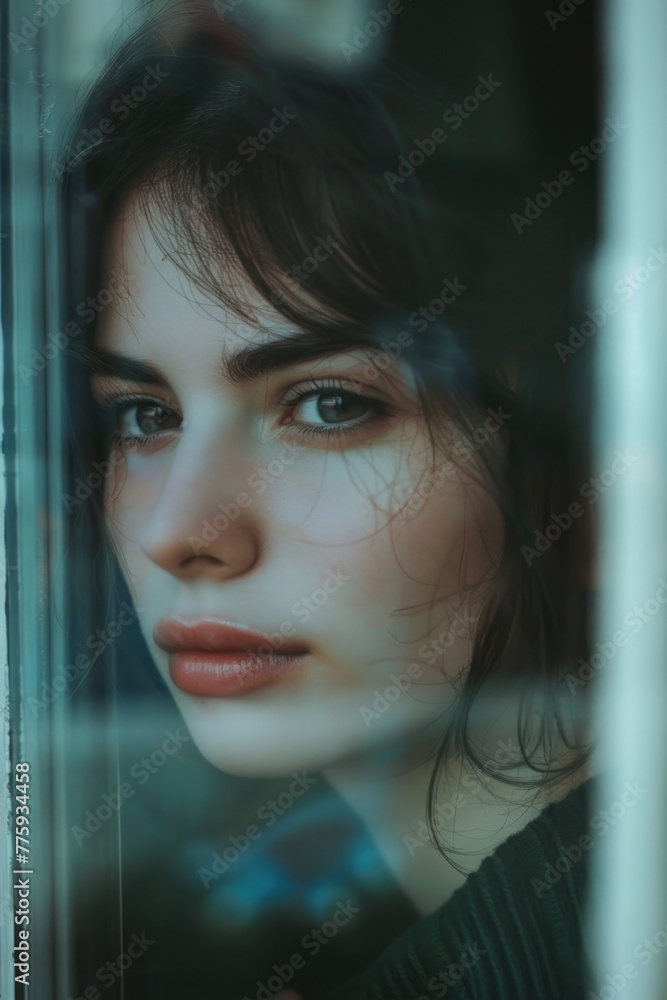 Poster close up of a woman gazing through a window. suitable for various concepts and themes