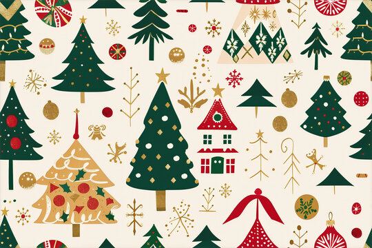 A Christmas tree pattern with a house and a bell
