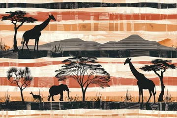 Wandaufkleber A painting of a savanna scene with giraffes, elephants, and trees © BetterPhoto