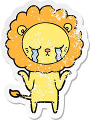 distressed sticker of a crying cartoon lion