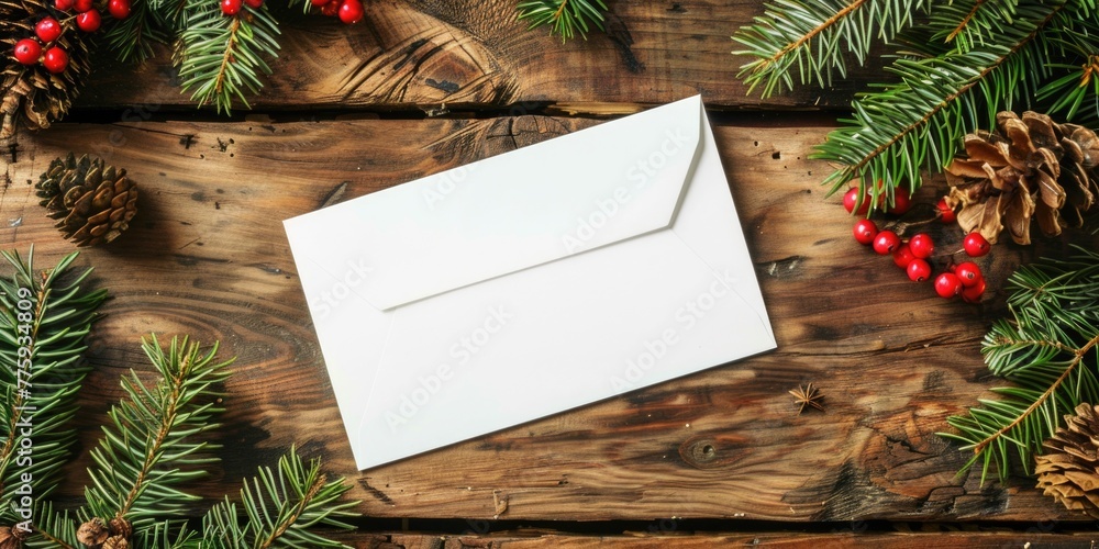 Poster a white envelope placed on a wooden table. suitable for various business and office concepts
