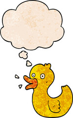 cartoon quacking duck with thought bubble in grunge texture style
