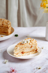 Homemade Napoleon cake, space for text, colorful appetizing background