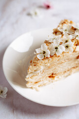 Homemade Napoleon cake, space for text, colorful appetizing background