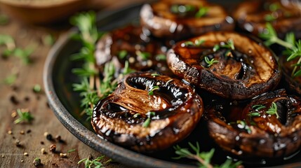 Fototapeta na wymiar Delicious Grilled Portobello Mushrooms Served on a Dark Plate