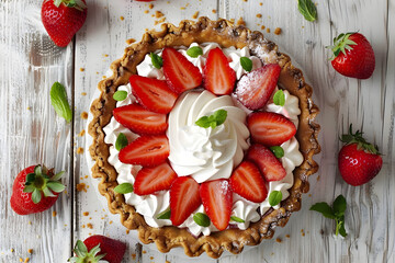 Top view strawberry-topped pie with whipped cream