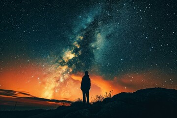 Knowledgeable Astronomer child man starry sky night. Cosmic science. Generate Ai