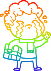 rainbow gradient line drawing of a cartoon man crying