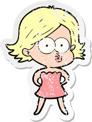 distressed sticker of a cartoon girl pouting