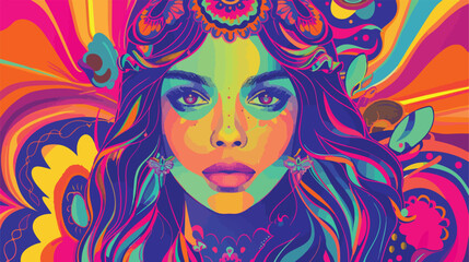 Psychedelic style hippy girl retro poster 2d flat c