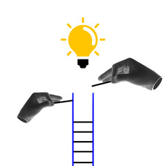 Human hand building ladder to glowing lightbulb. Stepping up to innovation and reaching new heights in career. Contemporary art collage. Concept of business, office, growth, promotion, opportunities