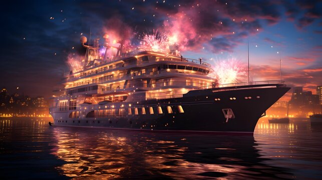 Cruise ship in the sea at night. 3D rendering.