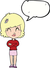 cartoon happy woman with folded arms with speech bubble