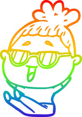 Naklejka premium rainbow gradient line drawing of a cartoon happy woman wearing spectacles