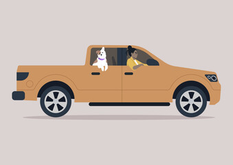 Joyful Journey, dog owner and their Spotted puppy in a Sunny Afternoon Drive, A smiling person drives a pickup truck with their cheerful canine companion by their side